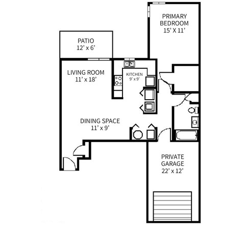 A black and white image of a floor plan for a house with a living room, dining space, kitchen, and private garage.